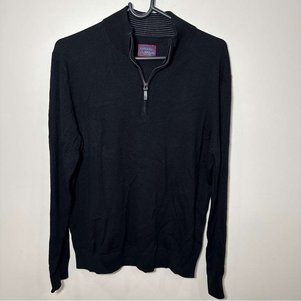 UNTUCKIT 100% Extra Fine Merino Wool Pullover 1/4 Zip Black Sweater Men's Medium